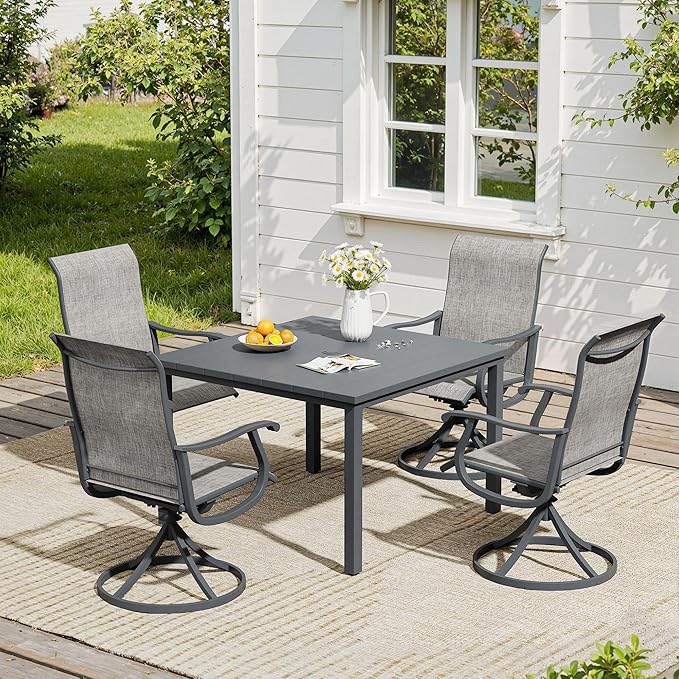 VICLLAX 5 Pieces Patio Dining Set, Patio Furniture Set of 4 Patio Swivel Dining Chairs and Square Patio Table, Grey Chairs & Dark Grey Tabletop