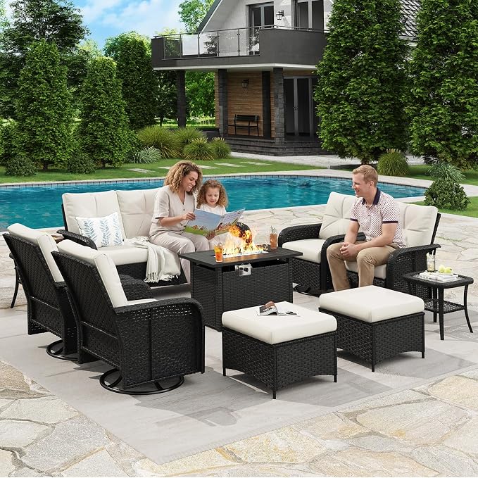 LazySunsets Luxury 12-Piece Patio Furniture Set with 44'' Fire Pit Table, 360° Swivel Chairs, Wicker Rattan Sofa & Thick Cushions, Outdoor Conversation Set for Backyard, Poolside & Garden, Black/Beige