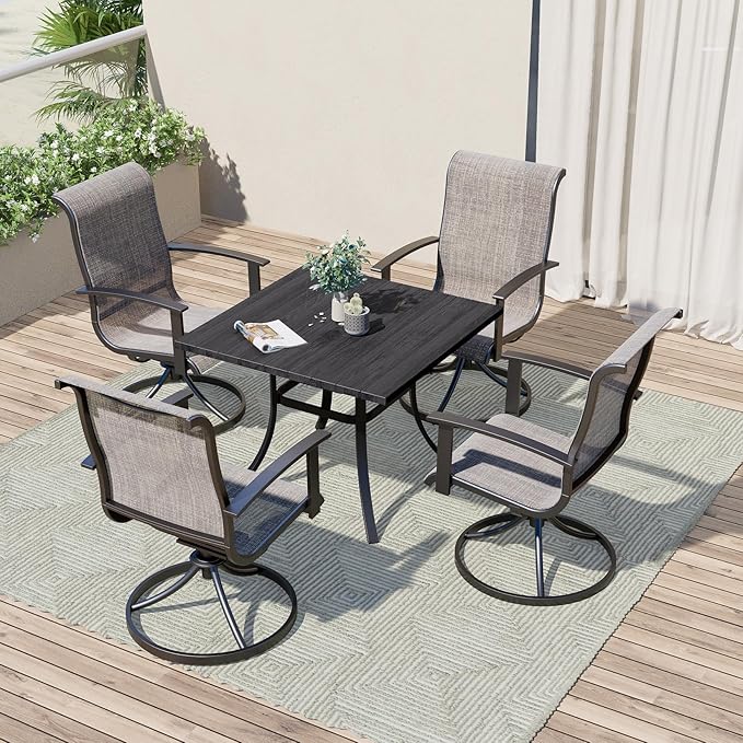 Grand patio Patio Dining Set for 4, Outdoor Dining Set with 4-Piece Mesh Sling Swivel Patio Rocking Chairs, 1-Piece Square Woodgrain Dining Table with 1.5'' Umbrella Hole, Mixed Coffee