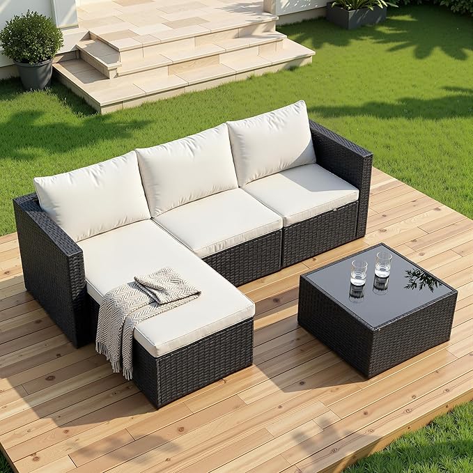 Shintenchi 4 Pieces Patio Furniture Set, 2-in-1 Convertible Sectional Sofa & Chaise Lounge, All-Weather Wicker Rattan Sofa Couch with Cushions & Coffee Table for Yard, Garden, Porch, Poolside (Beige)