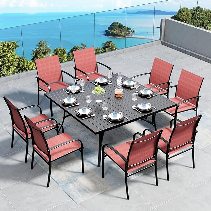 SUNSHINE VALLEY Patio Dining Set for 8, 60" x 60" Square Metal Table with Umbrella Hole, 8 x Stable Dining Chairs, Outdoor Table and Chairs Set for Lawn Backyard and Deck, Red