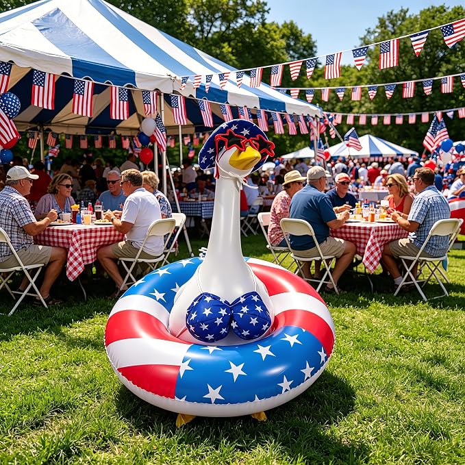 Bikini Porch Goose Outfits Fits 23" Goose Statue Summer Porch Goose Outfit | Independence Day Goose Costume, Hat & Sunglasses Included, Star-Spangled Swim Ring, US 250th Anniversary Garden Decor