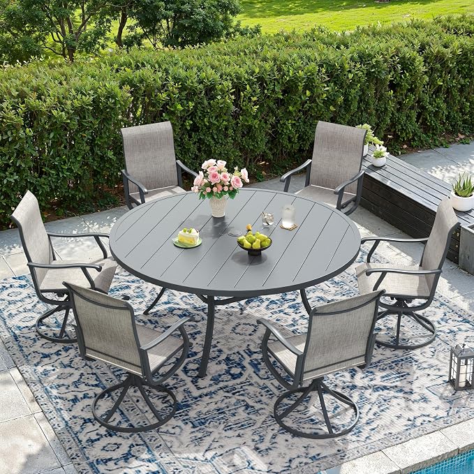 DIFY Outdoor Dining Set for 6, 7 Piece Patio Table and Chairs Set, Swivel Patio Dining Chairs with Textilene Fabric & 53" Round Metal Dining Table with Umbrella Hole, for Garden Backyard Deck, Grey