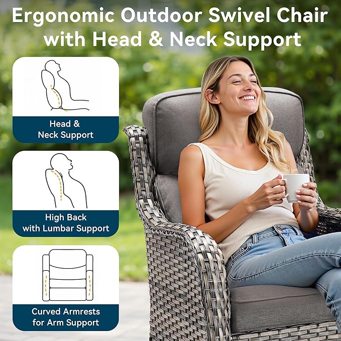 Luxury High Back Outdoor Furniture with 6-Inch Thick Cushions, Patio Furniture Set with Swivel Chairs, 8 PCS Wicker Conversation Set for Porch, Balcony, Deck and Yard