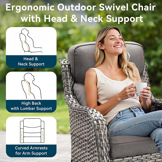 Luxury High Back Outdoor Furniture with 6-Inch Thick Cushions, Patio Furniture Set with Swivel Chairs, 6 PCS Wicker Conversation Set for Porch, Balcony, Deck and Yard