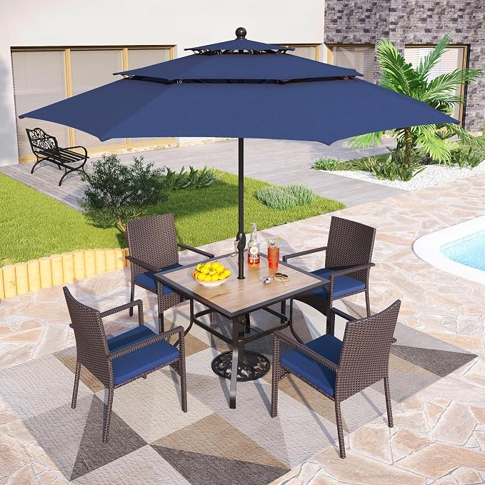 PHI VILLA 5pc Patio Dining Set with Umbrella, Square Table, Rattan Chairs | Includes 37" square metal table, 4 cushioned rattan chairs, and 10ft blue umbrella. Perfect for patio, deck, yard, or porch