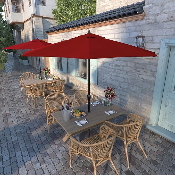 California Umbrella 9' Round Aluminum Outdoor Deck, Pool or Patio Umbrella, Crank Lift, Auto Tilt, Bronze Pole, Red Olefin