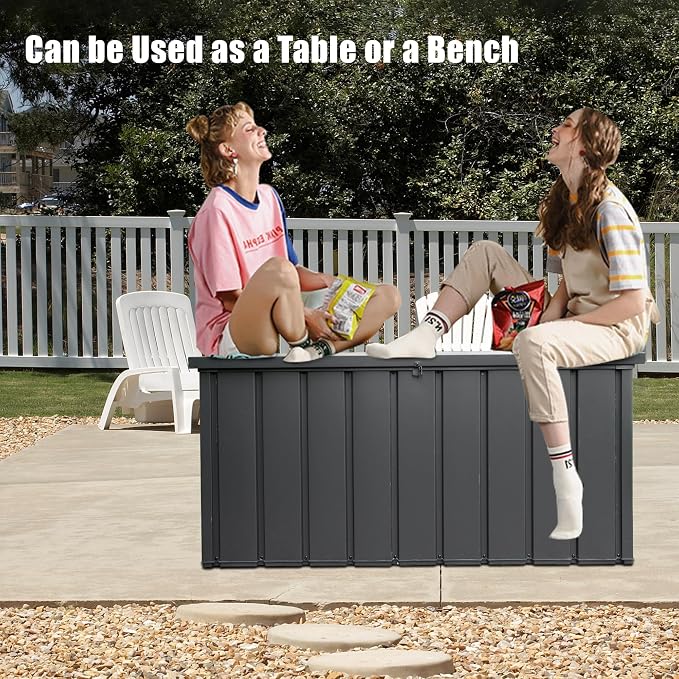Domi Deck Box 160 Gallon Outdoor Storage Box, Large Metal Storage Cabinet Waterproof Lockable Container for Patio Furniture Cushions Garden Tools Pool-Supplies, Grey