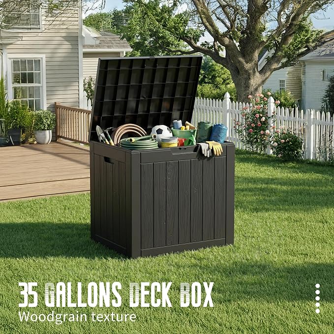 Vixzen 35 Gallon Deck Boxes Outdoor Waterproof, Lockable Resin Storage Box with lid for Furniture Cushions, Weatherproof Containers Outside Storage Boxes for Garden Patio Pool Tools (Black, 35 Gallon)