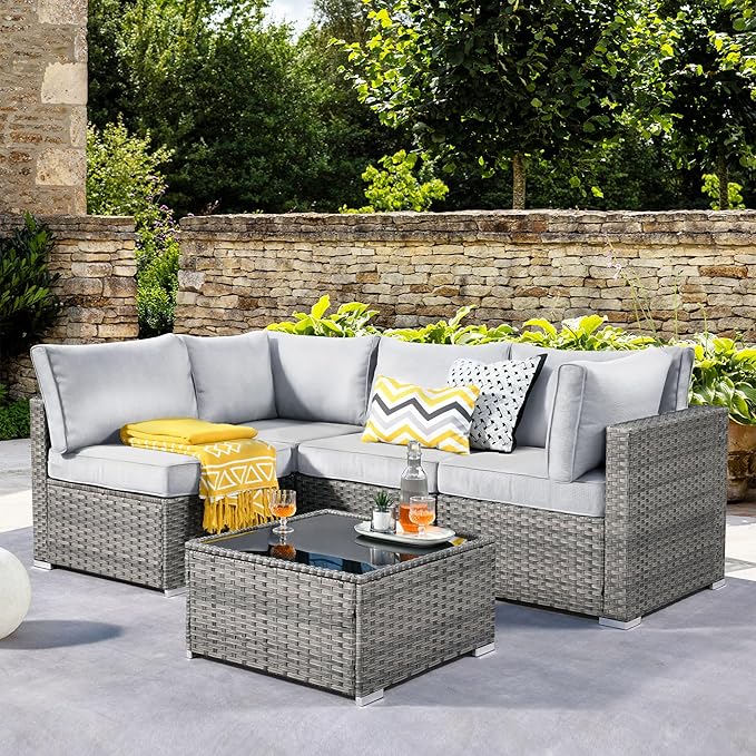 ovios Outdoor 5 Piece Coversation Set with Coffee Table,Sectional Patio Furniture Set with All-Weather Wicker Sofa,Modern Outside Couch for Balcony Backyard Pool, Grey