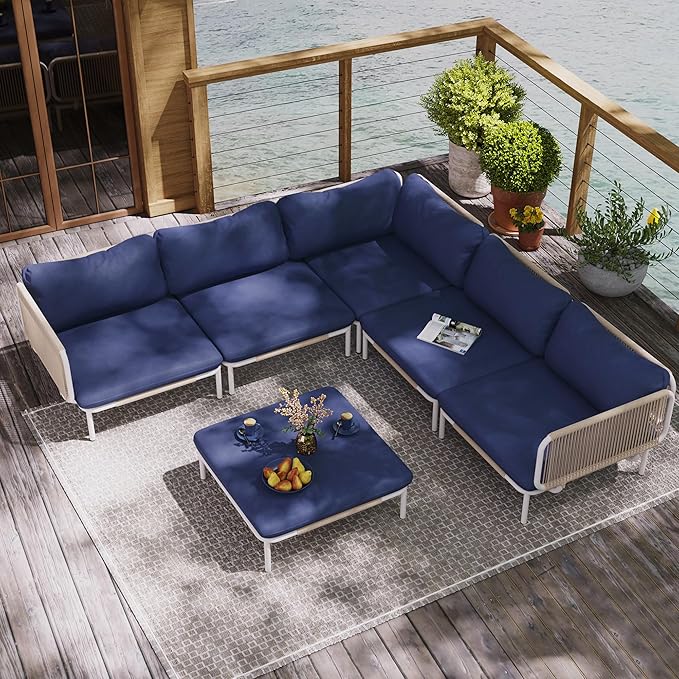 Patio Furniture Set, Outdoor Patio Furniture Oversized Metal Patio Sectional Sofa, 6-Seat Conversation Set with Cushion for Indoor and Outdoor, White Frame and Blue Mat