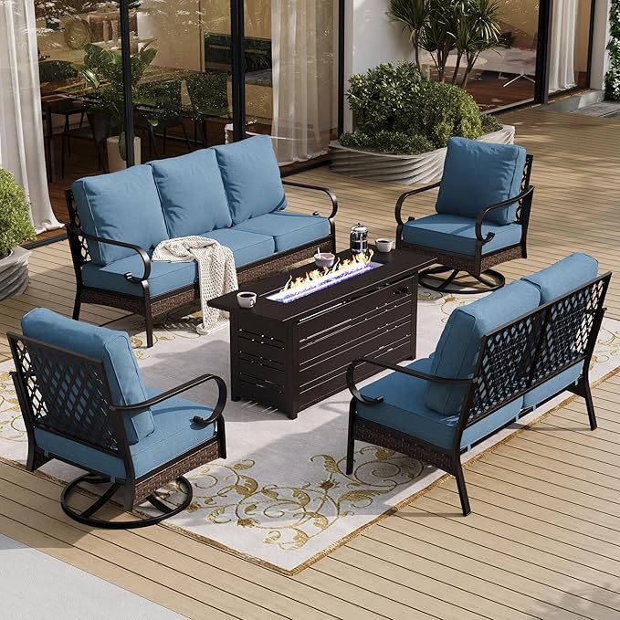 5 Piece Metal Outdoor Patio Furniture Sets with Firepit Table, Patio Conversation Sets 1 3-Seater Sofa, 1 Loveseat, 2 Swivel Chair with 5.75" Cushion for Backyard Deck, Denim Blue