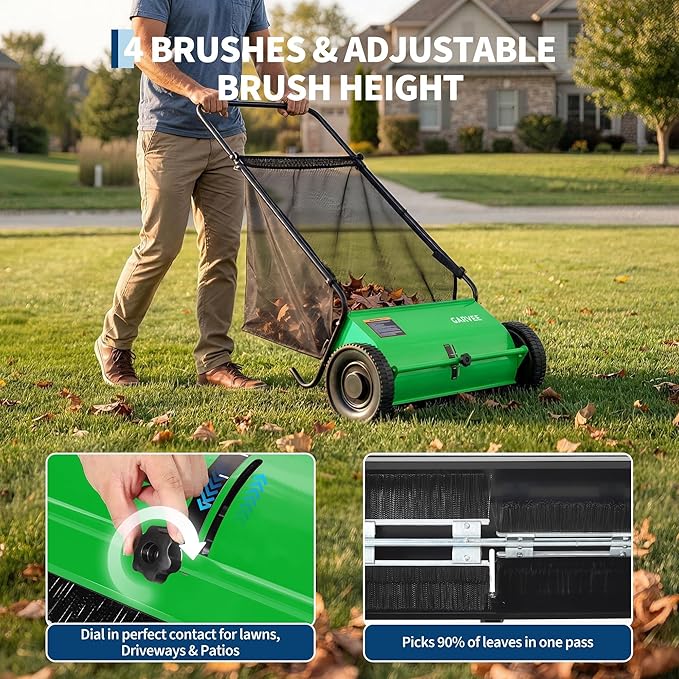 Garvee 26 Inch Push Lawn Sweeper, Walk Behind Leaf Grass Collector with 7 Cu ft Hopper Bag, Carbon Steel Frame, Yard Sweeper with Adjustable Brush Height for Garden Patio Driveway Leaves Cleanup