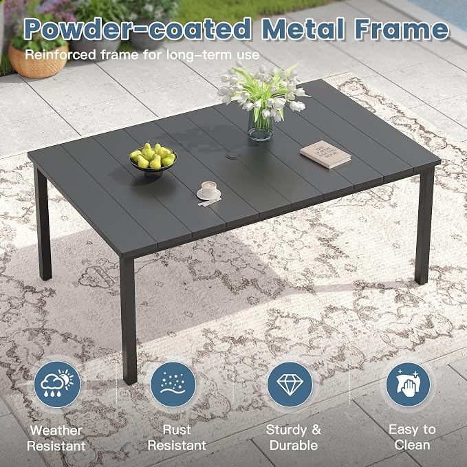 DIFY 7 Pieces Outdoor Patio Dining Set, 6 Black Stackable Metal Dining Chairs and 63" Black Rectangle Dining Table, Outdoor Table and Chairs for Lawn Garden Backyard Deck