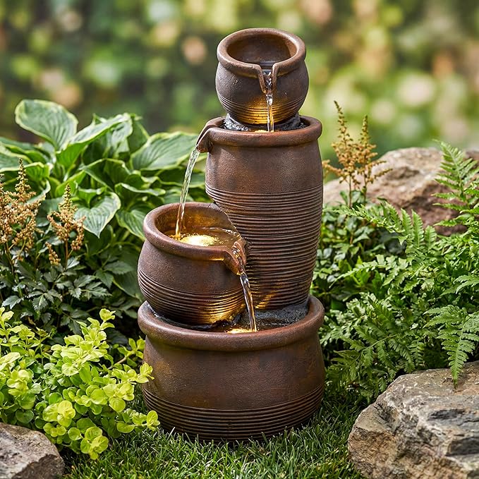 24-Inch Outdoor Water Fountain, 4-Tier Cascading Crocks Resin Garden Waterfall Fountain, with 3 Warm LED Lights, Home Art Decor for Patio, Backyard, Deck, Porch, Farmhouse or Lawn in Brown