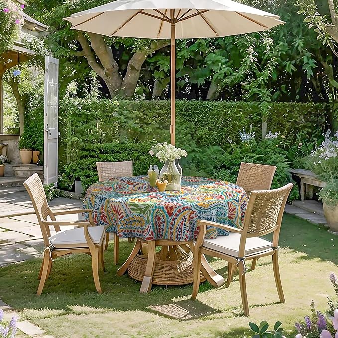 DYTXIII Outdoor Round Tablecloth with Umbrella Hole 60 Inch, Water Repellent & Fade Resistant Table Cover, All Weather Outdoor Tablecloth for Garden & Party Table, Paisley Multi