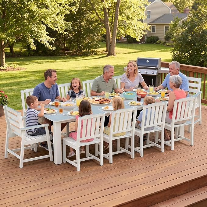 LOUNZY 11 Piece Patio Dining Set for 10, Outdoor Table and Chairs, White | 89.4“ table,Heavy-duty 10 seat patio set, mixed chair waterproof HDPE and ALU low maintenance and stable for all-season use