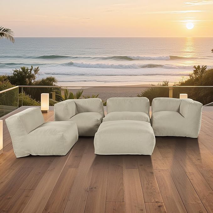 Patio Furniture Set, 5 Pcs Outdoor Conversation Set with Bean Bag Middle Chairs, Corner Chair, Ottomans, Modern Foam Couch Set for Garden, Deck, Balcony (5, Light Beige)