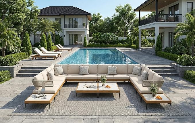 PURPLE LEAF 10 Pieces Outdoor Conversation Furniture Sets with Coffee Tables Patio Wicker Sectional Sets Aluminum U-Shaped Sofa Chairs for Balcony Yard Garden Poolside, Cushions and Pillows Included
