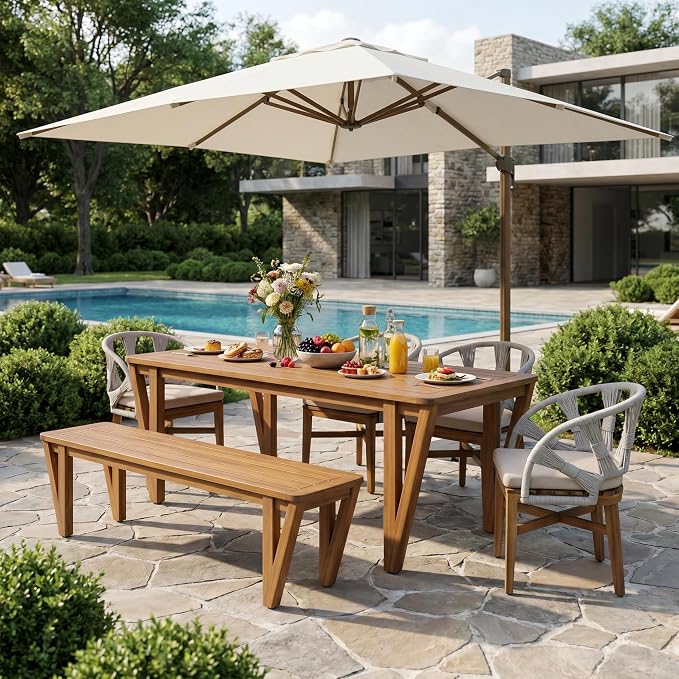 Christopher Knight Home para Acacia Wood Patio Dining Set with Bench, Solid Wood Outdoor Dining Table Set for 6, Outdoor Dining Set with Water-Resistant Cushion, Teak+Beige+Grey