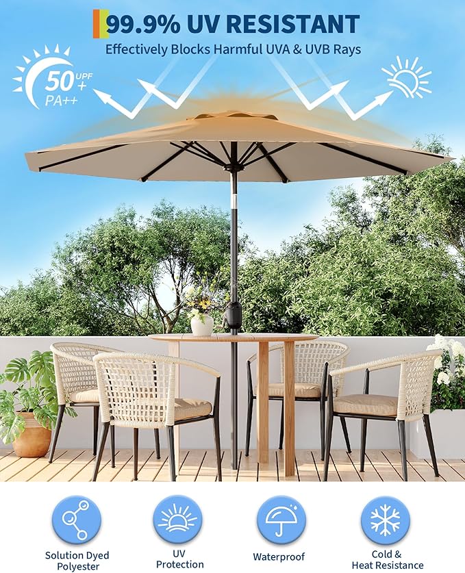 TROPOW 9FT Outdoor Patio Umbrella with 99.9% UV Protection Double-Layer Canopy, Strong Iron Frame, Crank Tilt & Detachable Pole for Easy Use, Perfect for Garden, Deck, Pool, Backyard & Patio Table,