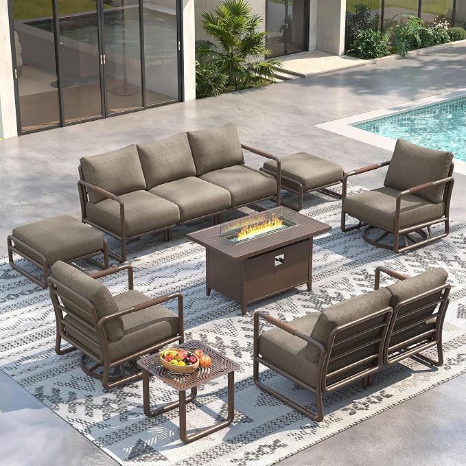 Outdoor Aluminum Patio Furniture Set with 43" Fire Pit Table,7-Seat Outdoor Conversation Set with Swivel Chairs & Loveseat & Ottomans, All-Weather Patio Set for Backyard，Brown