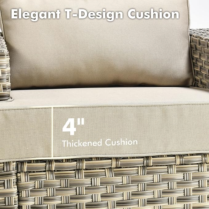 Weaxty 7 Pieces Wide Seats Outdoor Furniture Set, L Shape Sectional Couch Ottoman Fire Pit Solar Table, Thick Cushion All-Weather Rattan Patio Conversation Sets for Backyard Porch Deck, Beige
