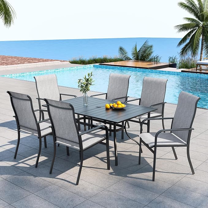 7 Piece Gray High Back Wide Patio Chairs and 63" Metal Rectangle Table | 63" x 38" Metal Rectangle Dining Table, High Back Wide Patio Chairs, All Weather, for Tall People