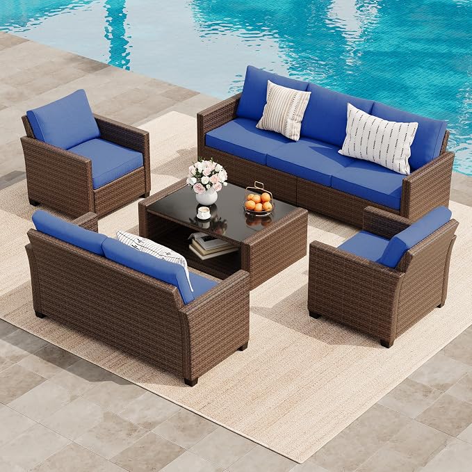 Garvee Outdoor Patio Furniture Set 5 Pieces, PE Rattan Wicker sectional Patio Conversation Set with Waterproof Cusions and Coffee Table, Brown and Blue