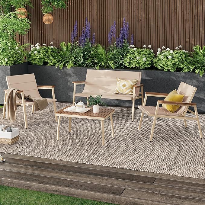 Suntone 4 Pieces Outdoor Patio Furniture Set, Garden Patio Conversation Sets with Padded Suspended Cushion, Outdoor Furniture Set for Lawn Backyard Balcony, Beige