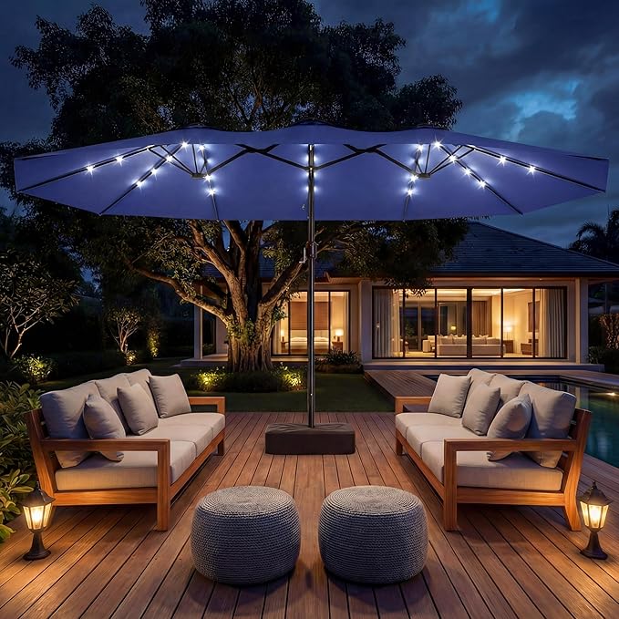 EO Living 13ft Large Patio Umbrella with Solar Lights, Double-Sided Rectangle Outdoor Umbrella with Base Included, 24 LED Lights Table Umbrella for Poolside Deck Market (Navy Blue)