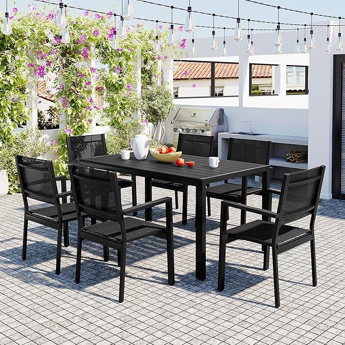 Outdoor 7 Piece Dining Table and Chair Set, Steel Outdoor Table with 6 Chairs for 6 Persons, Patio Dining Table Set with Chairs, Patio Conversation Set for Garden Patio Balcony Backyard, Black
