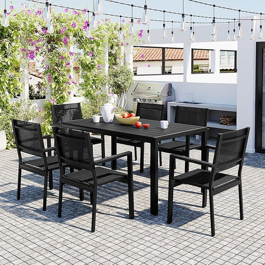 Outdoor 7 Piece Dining Table and Chair Set, Steel Outdoor Table with 6 Chairs for 6 Persons, Patio Dining Table Set with Chairs, Patio Conversation Set for Garden Patio Balcony Backyard, Black