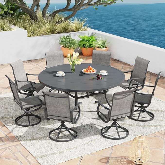 Patio Dining Table for 8-10, Round Metal Outdoor Table with 1.57" Umbrella Hole, 60" Outdoor Slat Tabletop Dining Table for Backyard, Porch, Lawn, Dark Grey