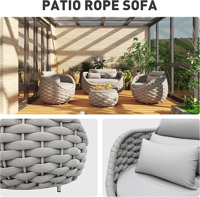 Patio Sofa Set for Outdoor and Indoor Use All-Weather Textilene 4 Pieces Conversation Set, Sectional Sofa and Coffee Table Aluminum Frame Garden Furniture (Gray)