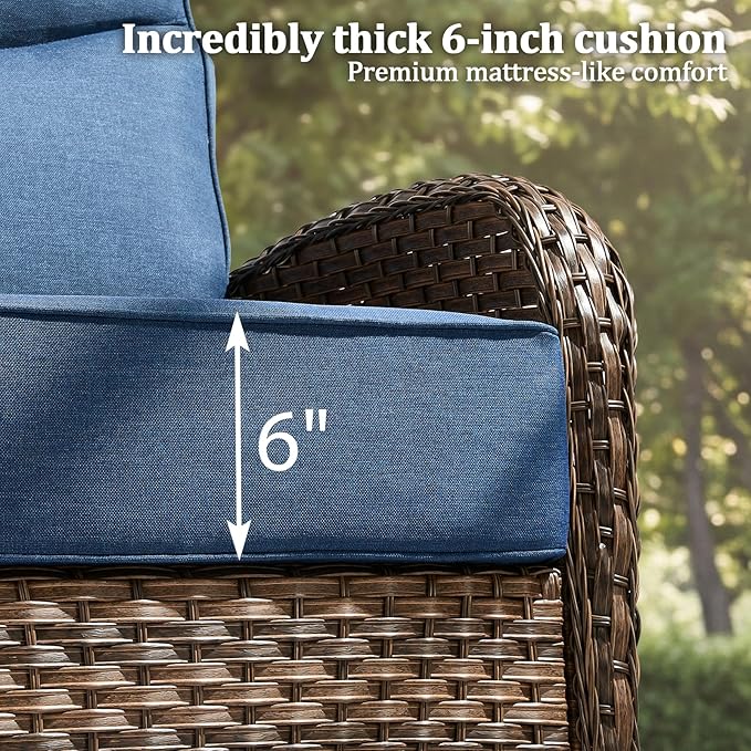 Outdoor Swivel Rocking Chair Patio Set (6PCS), High-Back - Thick Cushion Swivel Rocking Chair Patio Set, All-Weather Wicker Patio Furniture Set, Suitable for Balcony Patios, Brown/Blue