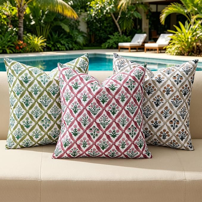 Allorry Floral Outdoor Pillow Covers 18x18 Green Outdoor Waterproof Decor | Set of 2 Vintage Floral Block Print Pillow Cover,Farmhouse Boho Decorative for Spring Summer Outdoor Sofa Bedroom Decor