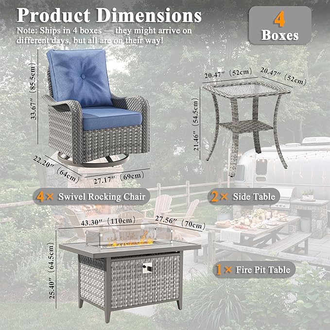 7 Piece Wicker Patio Furniture Set with 55,000 BTU Fire Pit Table, Swivel Rocking Chairs, 4''Cushions, PE Rattan, Wind Guard Glass, for Backyard, Deck or Balcony, Navy