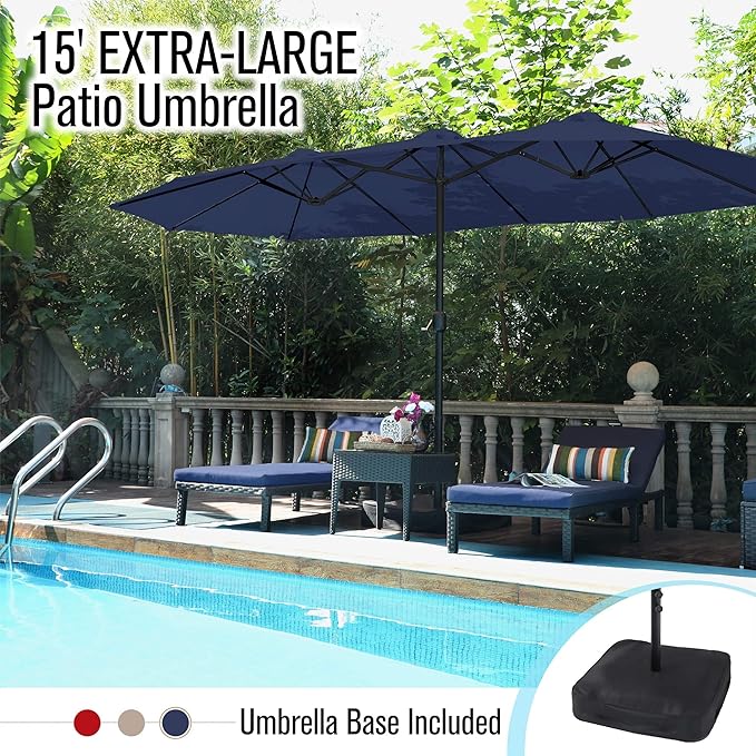 PHI VILLA 15FT Patio Umbrella with Base, Large Double-Sided Outdoor Market Umbrella with Crank Lift, UV-Resistant Canopy for Poolside, Garden, Deck, Backyard, Navy