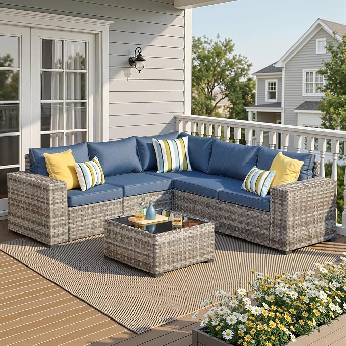 6 Pieces Patio Furniture Set, Outdoor Wicker Sectional Sofa with 7.7" Extra Wide Armrests, Modern Rattan Modular Conversation Set with Thickened Deep Seat Cushions for Garden Backyard, Denim Blue