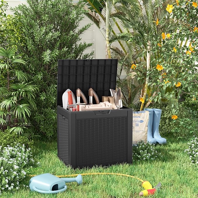 PatioZen 31 Gallon Wicker Pattern Resin Deck Box, Lockable Patio Outdoor Storage Box for Furniture, Garden Tools and Tools Storage, Waterproof Outside Storage Box (Black)
