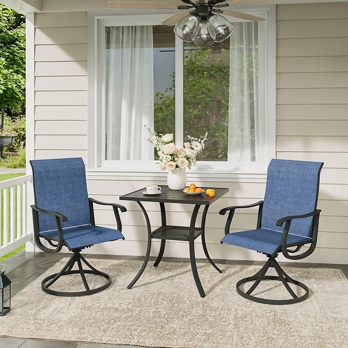VICLLAX 3 Pieces Outdoor Dining Set, Patio Furniture Set Includes 27.6" Square Metal Table and 2 Textilene Swivel Chairs for Porch, Lawn, Garden, Black/Dark Blue