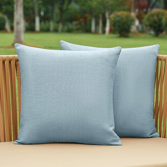 NiNi ALL Pack of 2 Decorative Outdoor Waterproof Pillow Covers Square Garden Linen Textured Cushion Sham Throw Pillowcase Set of 2 for Patio Farmhouse Garden Tent Couch 26x26 Inch Light Blue