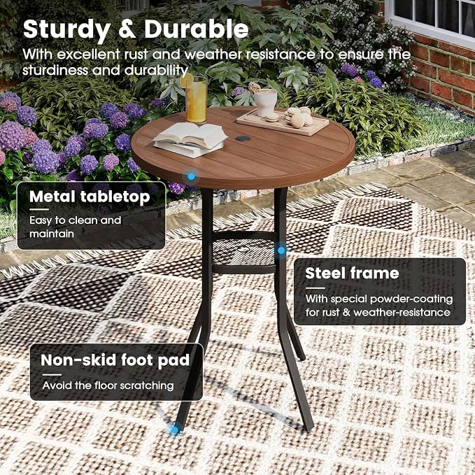 DIFY Patio Bar Height Table, 35.5" Round Outdoor Bistro Table with 1.57" Umbrella Hole for Poolside, Balcony, Pub and Garden, Walnut