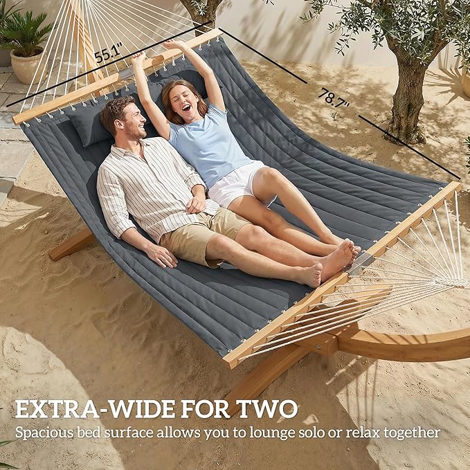 Outsunny Outdoor Hammock, 2-Person Hammock with Head Pillow and Pad, Wood Spreader Bars, 440 lbs Capacity, for Patio Yard Garden, 128" x 55", Gray