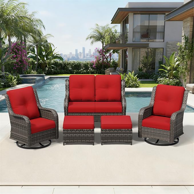 Joyside 5 Piece Wicker Patio Furniture Set, Outdoor Swivel Rocker Patio Chairs with High Back, Deep Seating, Wide Armrest, Thickened Cushions, Outdoor Furniture for Deck, Porch Use