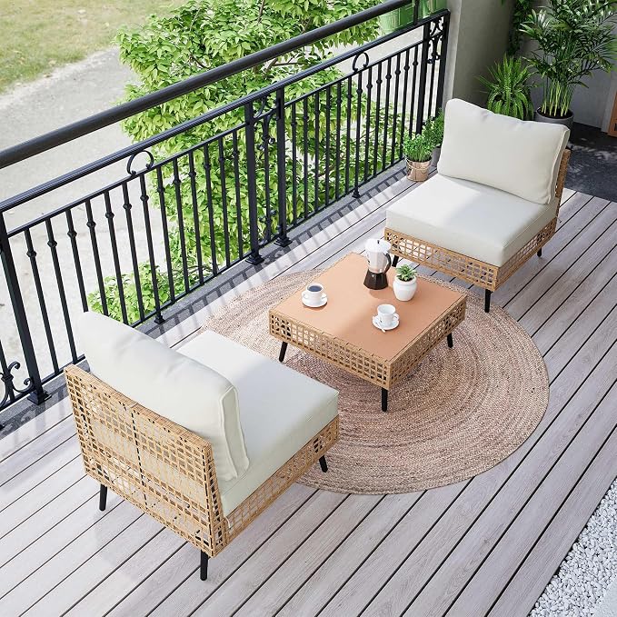 LAUSAINT HOME Outdoor 3 Pieces PE Wicker Patio Conversation Set, All-Weather Rattan Sectional Sofa with Thick Cushions & Coffee Table for Garden, Yard and Balcony (Beige)