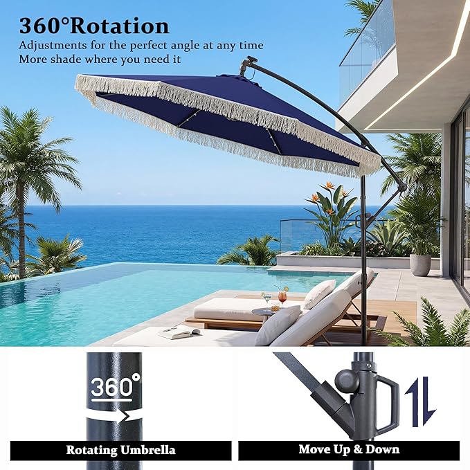 MONDAWE 10FT Cantilever Patio Umbrella with Tassels, 360° Rotation Offset Outdoor Umbrella, Heavy Duty Backyard Shade Umbrella with 180G Fabric for Patio Garden Deck