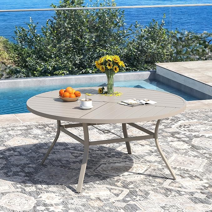 DIFY 7 Piece Outdoor Dining Set for 6, 53.1" Round Metal Dining Table with Umbrella Hole and Swivel Patio Chairs with Textilene Fabric, Patio Table and Chairs Set for Garden Backyard Deck, Sandshell