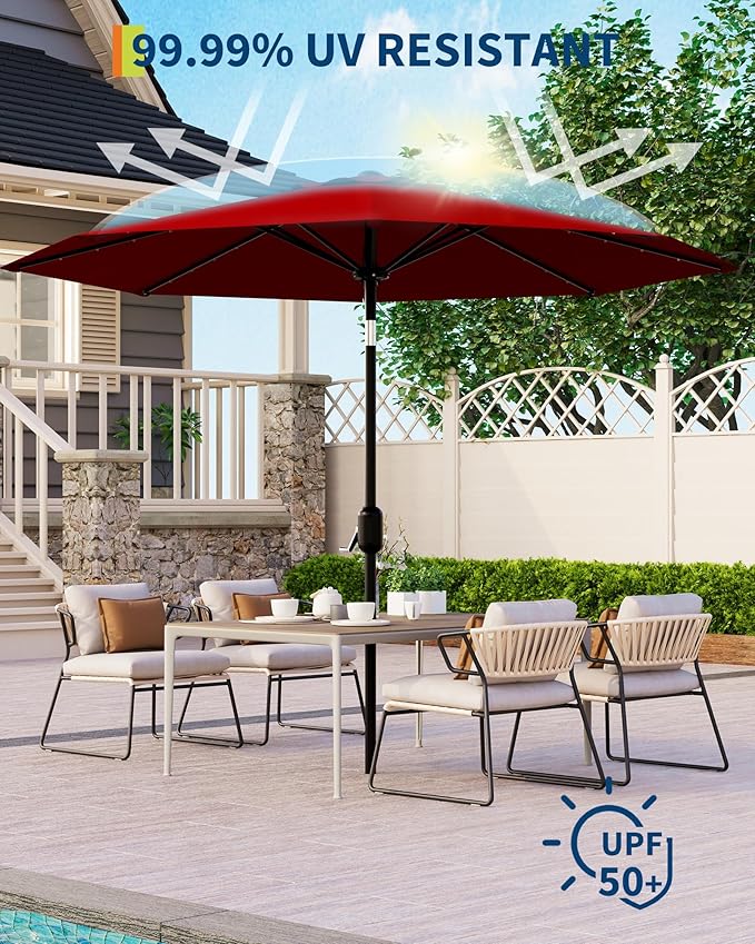 GarveeLife Patio Umbrella with Lights, 8 Ribs Outdoor Market Table Umbrella for Pool, Deck, Backyard (Red, 9 ft)